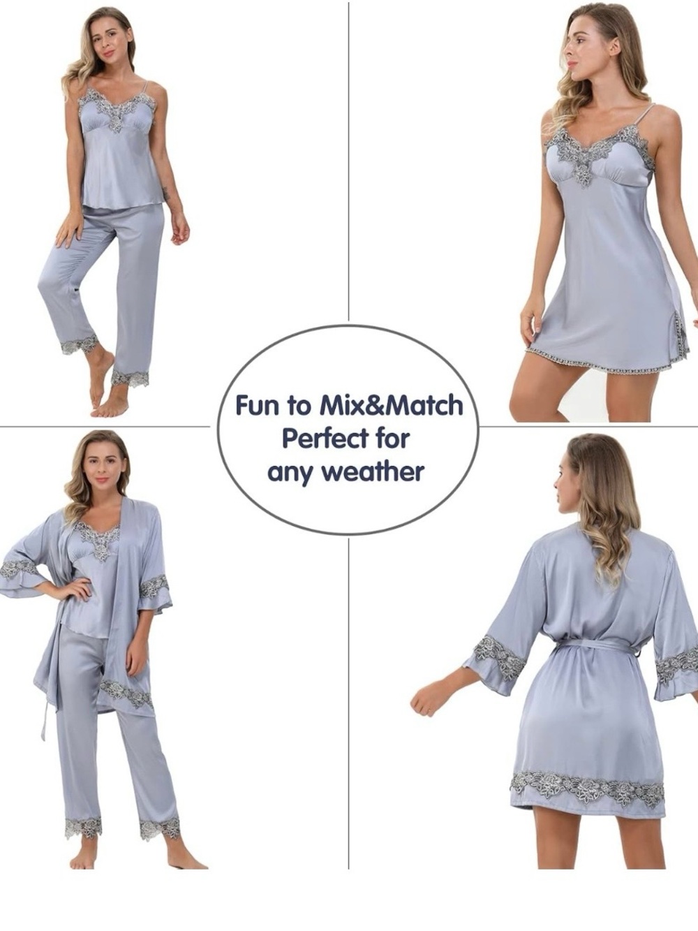 Womens Robe Nightgown Pajamas Set 4 PCS Lace Trim Lingerie Sleepwear Ladies Gift